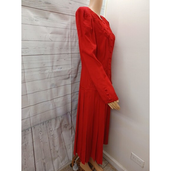 Vtg Red Long Sleeve Dress Midi-Maxi Cottagecore Sz 8 Sarah Elizabeth Pleated - Picture 5 of 9